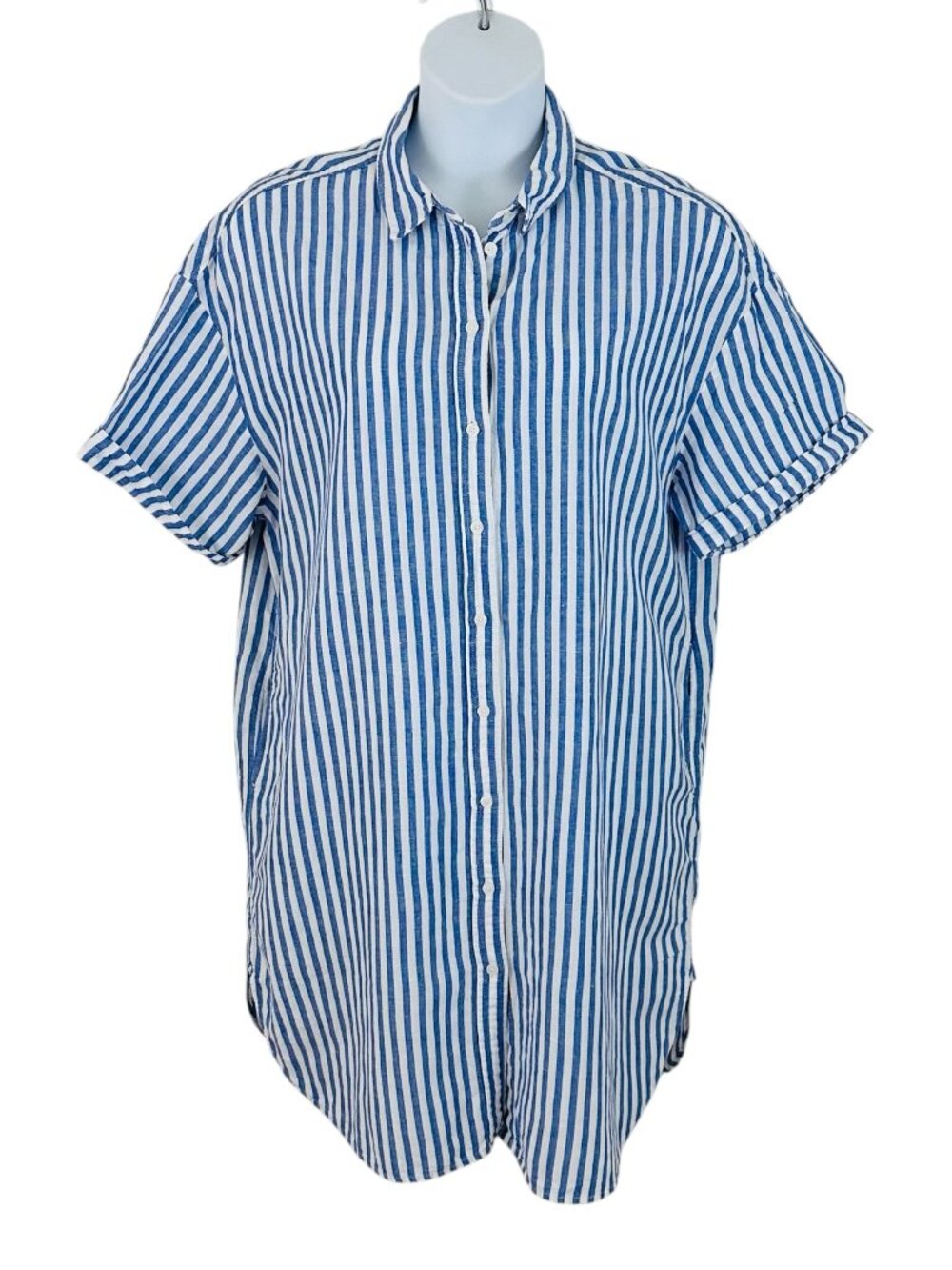 GAP Women's Size XL Stripe Linen Cotton Blend Blue White Shirt Dress